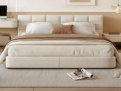 Cozy Double Bed With Upholstered Headboard In Modern Beige Bedroom Design 3d model
