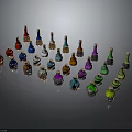 Colorful Decorative Bottles Collection With Various Designs Arranged In Arc On Gray Background