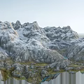 Garden Landscape With Snow Covered Mountains Blue Lake And Winding River