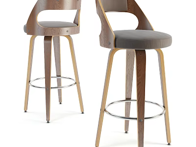 Modern Bar Stools With Wooden Legs Gray Upholstered Seat And Metal Footrest Ring For Home Bar 3d model