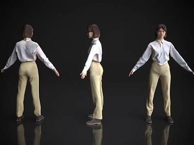 Woman in White Shirt and Beige Pants Three Angles on Black Background with Reflective Floor 3d model