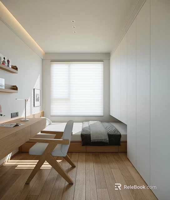 Tatami Bedroom Interior With Minimalist Design Built in Wardrobes Desk Wooden Flooring And White Blinds 3d model 