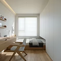 Tatami Bedroom Interior With Minimalist Design Built in Wardrobes Desk Wooden Flooring And White Blinds