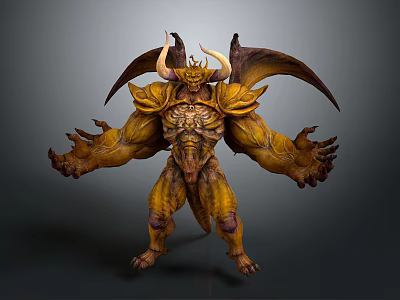 Mythical Demon Creature With Large Wings Horns And Yellow Muscular Body 3d model
