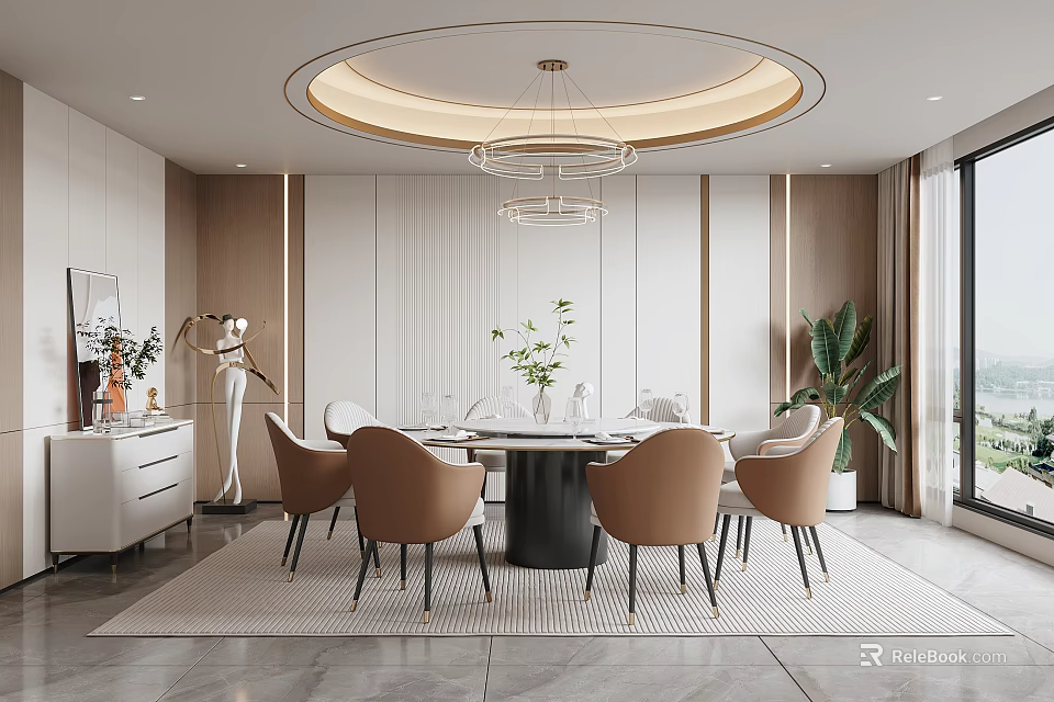 Modern Private Dining Room Interior Design With Round Table Brown Chairs And Chandelier 3d model 