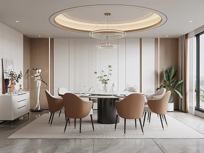 Modern Private Dining Room Interior Design With Round Table Brown Chairs And Chandelier 3d model