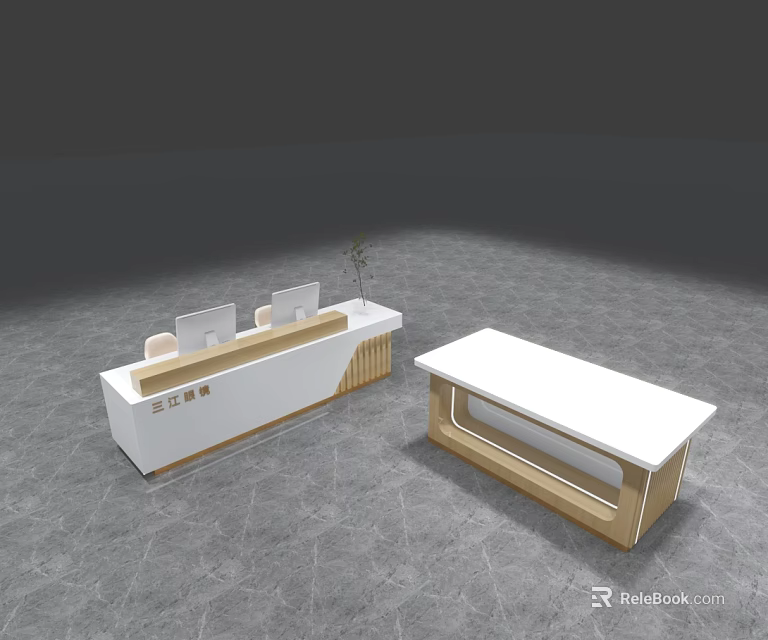 Modern Store Reception Desk With White Countertop Wooden Accents And Gray Floor 3d model 