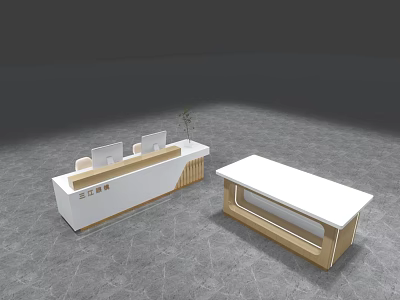 Modern Store Reception Desk With White Countertop Wooden Accents And Gray Floor 3d model