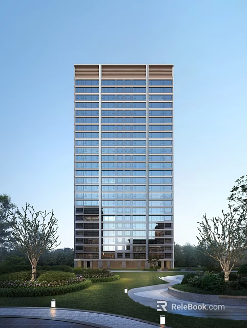 High Rise Modern Residential Building with Glass Facade and Green Surroundings 3d model 