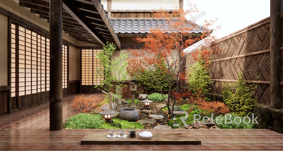 Japanese style courtyard Zen courtyard landscape model