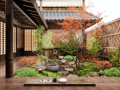 Traditional Japanese Courtyard Garden With Red Maple Tree Stone Lantern And Water Feature 3d model