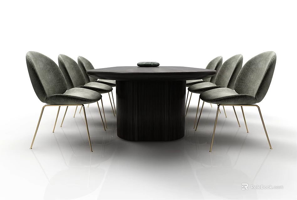 Modern Round Black Dining Table Set With Gray Chairs And Gold Legs 3d model