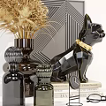Elegant Decorative Ornament Set With Golden Dried Flowers Black Geometric Bulldog Figurine And Glass Bottles