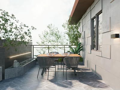 Modern Terrace Garden With Wooden Table Chairs And Green Plants In Outdoor Space 3d model