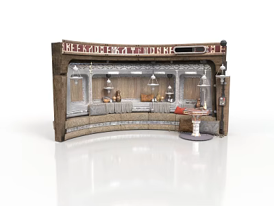 Retro Shop Facade With Wooden Counter Hanging Lamps Signboard And Interior Furnishings 3d model