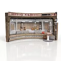 Retro Shop Facade With Wooden Counter Hanging Lamps Signboard And Interior Furnishings