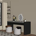 Black Cabinet Green Countertop Dressing Table With Polygonal Mirror White Stools And Multi Layer Shelf 3d model