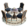 Classic Dining Table Set With Round Table Four Chairs Blue Cushions And Patterned Rug 3d model