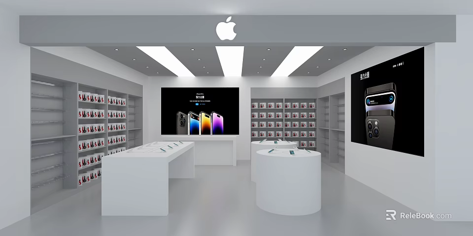 Modern Digital Store Interior With Apple Products Smartphone Displays And Accessory Shelves 3d model 