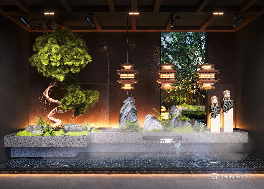 Traditional Chinese Indoor Landscape Featuring Rockery Flowing Water Pine Bonsai Lantern Lights Mist And Greenery 3d model 