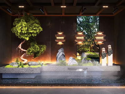 Traditional Chinese Indoor Landscape Featuring Rockery Flowing Water Pine Bonsai Lantern Lights Mist And Greenery 3d model