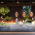 Traditional Chinese Indoor Landscape Featuring Rockery Flowing Water Pine Bonsai Lantern Lights Mist And Greenery