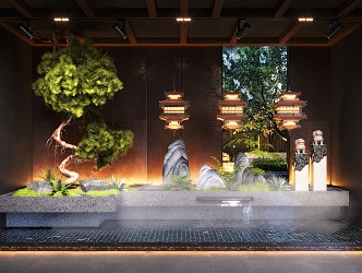 New Chinese Style Indoor Landscape Landscaping Landscape Plants Waterscape Fog 3d model