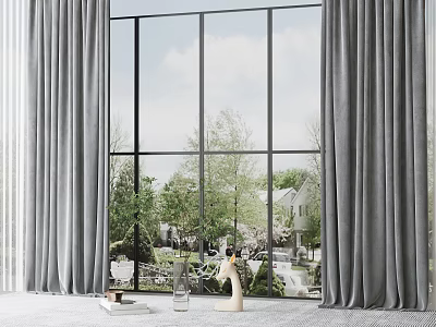 Large Floor-to-Ceiling Windows With Gray Curtains And Green Trees Outside Scenic View 3d model