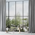 Large Floor-to-Ceiling Windows With Gray Curtains And Green Trees Outside Scenic View