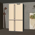 White French Door Refrigerator in Modern Interior with Curtains Floor Lamp and Decorative Plants