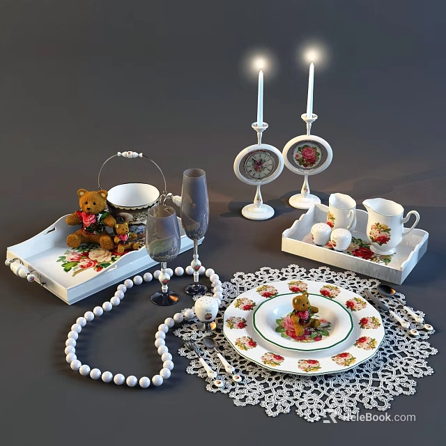Elegant Dinnerware Set With Teddy Bear Plate Cups Tray Candle Holders And Lace Tablecloth 3d model 
