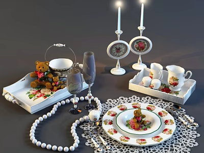 Elegant Dinnerware Set With Teddy Bear Plate Cups Tray Candle Holders And Lace Tablecloth 3d model