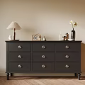 Black Entryway Cabinet Sideboard with Drawers Silver Knobs Table Lamp Radio and Vase 3d model