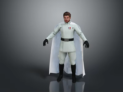 A Man in White Uniform with Black Belt Black Gloves and White Cape on Gray Background 3d model