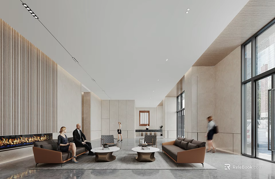 Modern Front Desk Reception Lobby With Sofas Coffee Tables And Marble Walls 3d model 