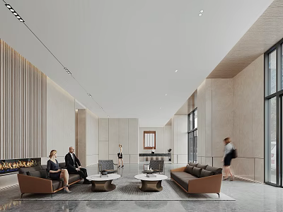 Modern Front Desk Reception Lobby With Sofas Coffee Tables And Marble Walls 3d model