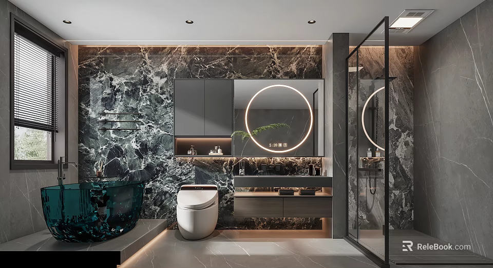 Modern Bathroom Interior Design With Marble Walls Round Mirror Smart Toilet And Glass Shower 3d model 