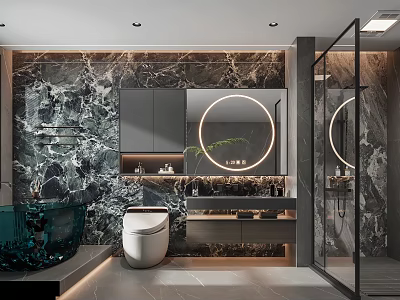 Modern Bathroom Interior Design With Marble Walls Round Mirror Smart Toilet And Glass Shower 3d model