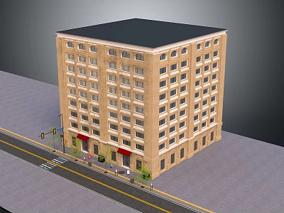 Multi Story Yellow Brick Urban Building With Black Roof Windows And Street Side Storefronts 3d model