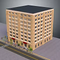 Multi Story Yellow Brick Urban Building With Black Roof Windows And Street Side Storefronts
