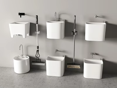 White Wall Mounted Mop Sinks With Faucets And Cleaning Tools In Modern Bathroom 3d model