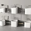 White Wall Mounted Mop Sinks With Faucets And Cleaning Tools In Modern Bathroom