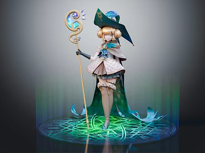 Elegant Female Mage Character with Staff and Magical Creature in Green Glowing Vines 3d model