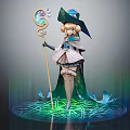 Elegant Female Mage Character with Staff and Magical Creature in Green Glowing Vines