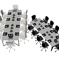 Modern Office Conference Table With Black And White Ergonomic Chairs And Green Plants