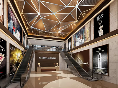 Modern Shopping Mall Lobby With Geometric Patterned Ceiling Escalators Wall Posters And Marble Floor 3d model