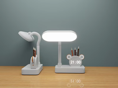 Two Desk Lamps With Flexible Arm Bear Shaped Pen Holder Digital Clock On Wooden Tabletop 3d model