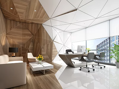 Modern Office Interior Design With Wooden Walls Geometric Ceiling Large Windows And Workspace Plants 3d model