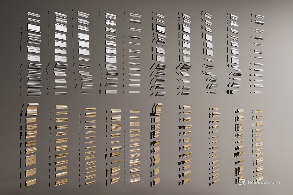 Various Styles Gypsum Moldings in Silver and Gold Colors Neatly Arranged 3d model 