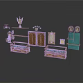 Classical Furniture Display Including Shelves Cabinet Lattice Doors Drawer Chests Golden Decorations And Blue Shelf